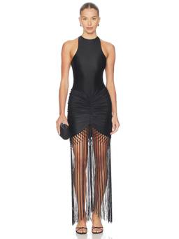 DELFI - Satin Women's Ruched Fringe Hem Bodycon Mini Dress Black