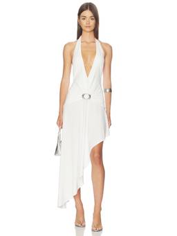 GUIZIO - Women's Halter Deep V-Neck Asymmetric Hem Midi Dress White
