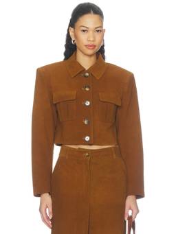 Dodiee - Suede Women's Cropped Padded Shoulder Leather Jacket Brown