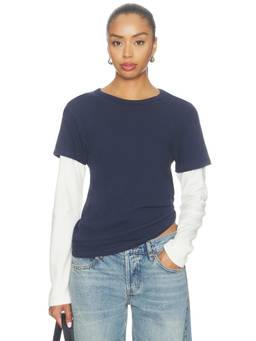 EB Denim - Layered Women's Faux Layered Waffle Knit Sleeve Top Navy Blue