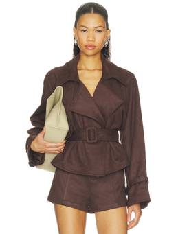 Elodie the Label - Marais Women's Faux Suede Belted Cropped Trench Jacket Brown