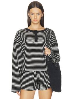 ELCE - Nixie Women's Striped Henley Neck Full Sleeves Top Black