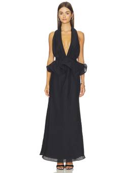 ELLIATT - Fiorina Women's Ruffled Plunging Halter Neck Maxi Gown Black