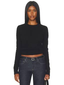 Enza Costa - Shrunken Crew Women's Ribbed Trim Cashmere Knit Top Black