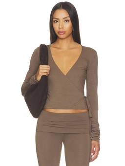 Eterne - Soft Jersey Women's Wrap Tie-Up V-Neck Top Brown