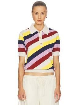 Essentiel Antwerp - Jollow Jacquard Women's Striped Collar Neck Polo Top Off White
