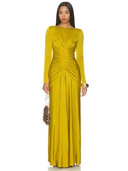 ET OCHS - Thea Women's Ruched Padded Shoulder Satin Gown Yellow