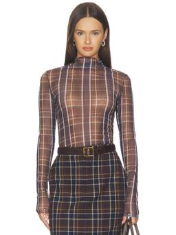 Favorite Daughter - Sheer Fantasy Women's Checked Mesh High Neck Top Brown