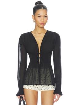Favorite Daughter - One Last Time Women's Sheer Tie-Up Smocked Crop Top Black