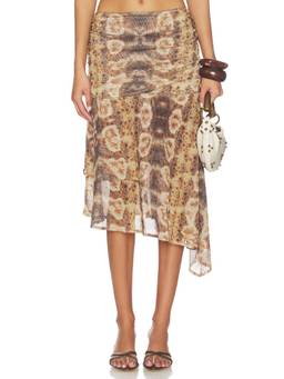 Feners - Women's Ruched Layered Asymmetrical Midi Skirt Brown