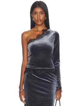 Feners - Reliquia Women's One Shoulder Lace Trim Velvet Top Grey
