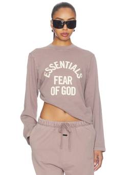 Fear of God ESSENTIALS - Campus Classic Women's Logo Print Crew Neck Long Sleeve T-Shirt Beige