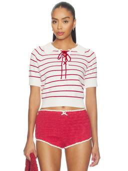 For Love & Lemons - Betsy Striped Women's Ribbed Knit Polo Tee Cream