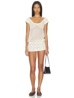 Frankies Bikinis - Moss Crochet Women's Sheer Drawstring Drop Waist Mini Dress White