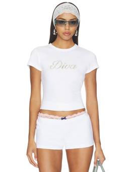 Frankies Bikinis - X Devon Lee Carlson Women's Lace Applique Crew Neck Tee White