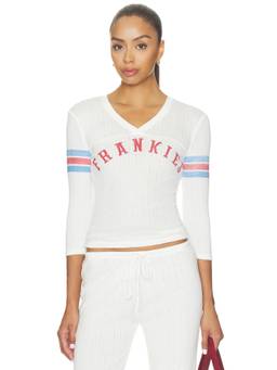 Frankies Bikinis - School Girl Women's Pointelle V-Neck Three Fourth Sleeve Crop Top White