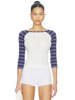 Frankies Bikinis - Game Day Women's Pointelle Raglan Baseball Tee Multi-Color