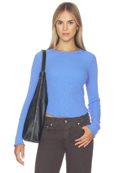 Free People - Easy Does It Women's Lettuce Trim Crew Neck Tee Blue