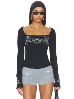 Free People - Olivia Women's Embroidered Square Neck Long Sleeve Top Black