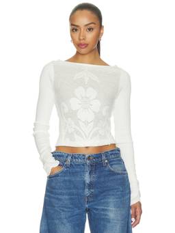Free People - Delilah Women's Sheer Floral Lace Long Sleeve Crop Top White