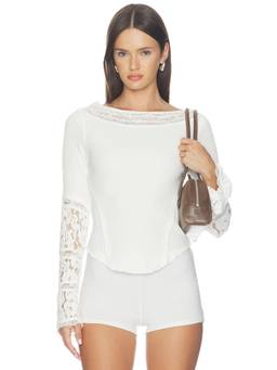 Free People - Amber Women's Lace Trim Waffle Knit Top White