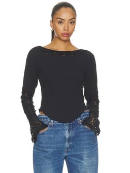 Free People - Amber Women's Lace Cuff Waffleknit Top Black