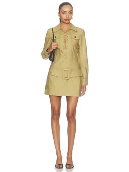 Francoise - Cotton Twill Women's Lace-Up Belted Shirt Mini Dress Khaki