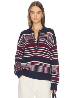 Good American - Oversized Rugby Women's Striped Button-Up Sweater Navy Blue