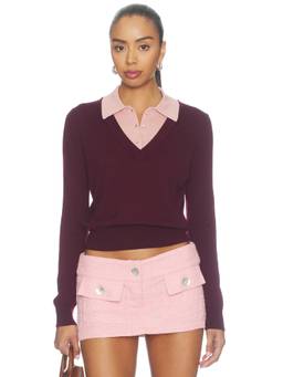 Good American - Two-in-One Women's V-Neck Button-Front Wool Sweater Maroon