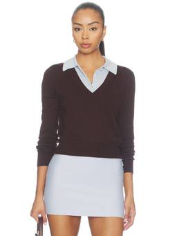 Good American - Two in One Women's V-Neck Button-Up Sweater Brown