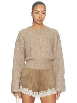 Good American - Chunky Knit Women's Relaxed Ribbed Hem Pullover Sweater Beige