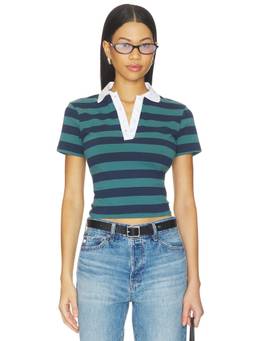 Good American - Easy Women's Striped Collar Neck Polo T-Shirt Navy Blue