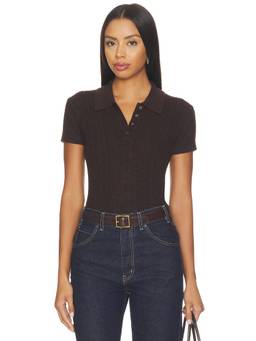 Good American - Micro Cable Women's Ribbed Knit Polo Top Brown