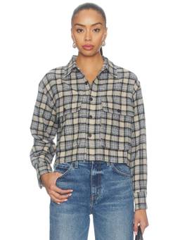 Good American - Patch Pocket Women's Checked Flannel Button-Down Shirt Beige