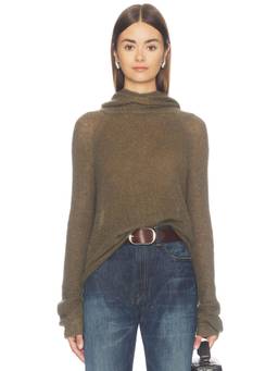 Geel - Women's Semi-Sheer Hooded Thumbhole Pullover Sweater Olive