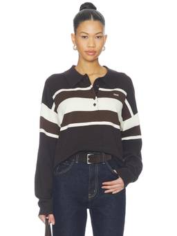 Gestuz - Alexu Polo Women's Striped Quarter-Button Pullover Sweater Brown