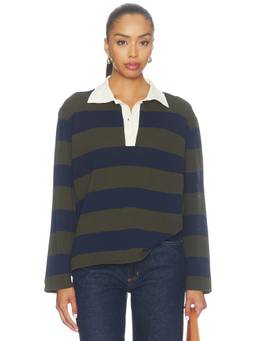 The Great - Academy Polo Women's Striped Quarter-Button Sweater Navy Blue