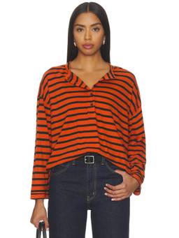 The Great - Shrunken Henley Women's Striped Cotton Jersey Long Sleeve Top Orange