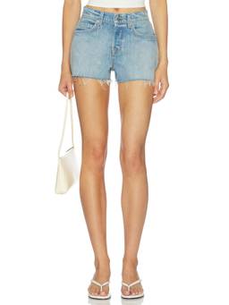 GRLFRND - Mid Rise Women's Relaxed Frayed Hem Denim Shorts Blue