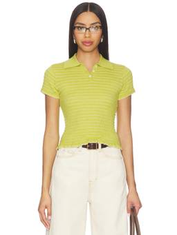 Guest In Residence - Smocked Women's Striped Scalloped Hem Polo Top Olive