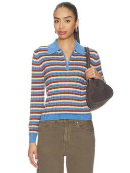 Guest In Residence - Track Women's Striped Zip Collar Neck Polo T-Shirt Blue