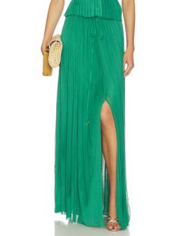 HANNE BLOCH - Silk Tulle Women's Drawstring Pleated Maxi Skirt Green