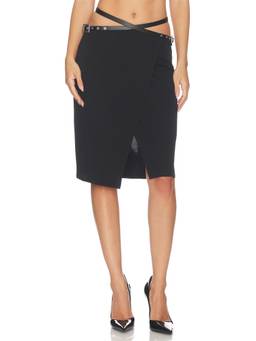 HAELO - Belted Women's Faux Leather Detail Wrap Skirt Black