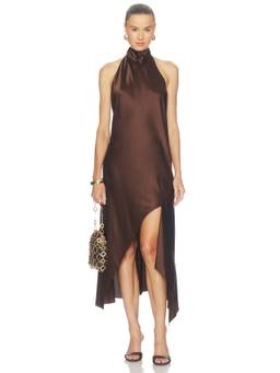 Helmut Lang - Neck Silk Women's Halter Tie Asymmetric Hem Maxi Dress Brown