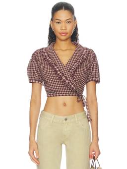 House of Sunny - Gingham Ruffle Women's Wrap Tie-Up Crop Top Brown