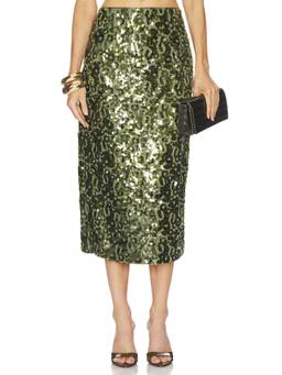 HERSKIND - Women's Sequined Leopard Print Midi Skirt Green