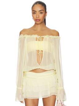 Indah - Sheer Gauze Women's Off-Shoulder Drawstring Crop Top Yellow