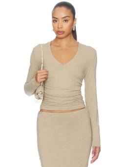 James Perse - Melange Jersey Women's Ruched V-Neck Long Sleeve Top Beige