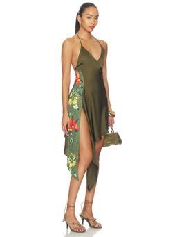 Juliet Johnstone - Split Petal Women's Halter Neck Asymmetric Hem Mini Dress Green