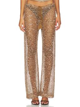 Jaded London - Sequin Mesh Women's Drawstring Wide Leg Palazzo Pants Gold